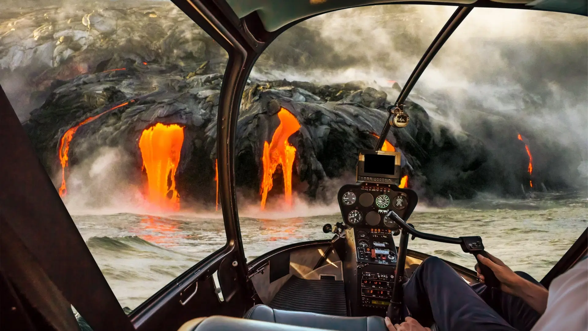 Elicottero in volo vicino alla lava